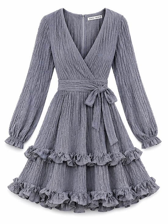 saints + secrets Dresses & Skirts - Saints + Secrets Gray Ruffle Mini Dress Small Boho V Neck Tie Waist